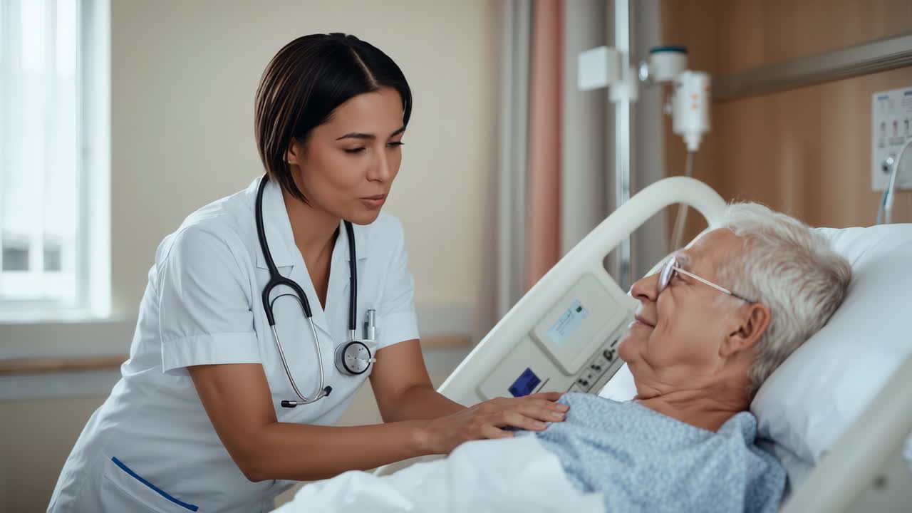 Responding to patient call nurse in white scrubs leaning over hospital bed, placing hand reassuring