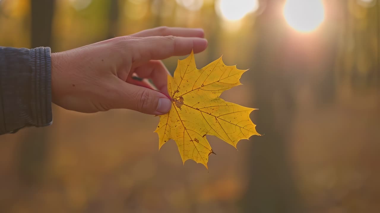 Warm sunlight filtering through autumn forest, illuminating golden maple leaf gently held against vibrant fall foliage backdrop