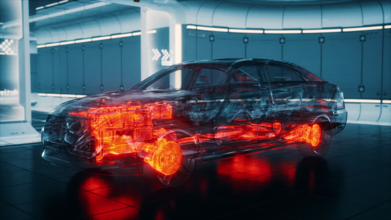 transparent car with engine in laboratory
