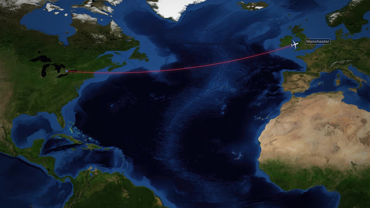 A commercial airplane icon travels across the Atlantic Ocean on a satellite world map