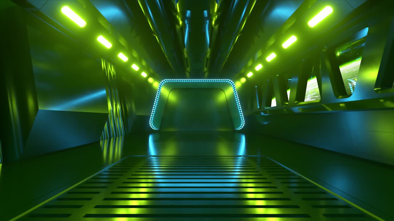 túnel de ciencia ficción en el espacio exterior con luz de neón. planeta tierra fuera de la ventana de la nave espacial. concepto de tecnología espacial. animación 3d de un bucle sin costuras