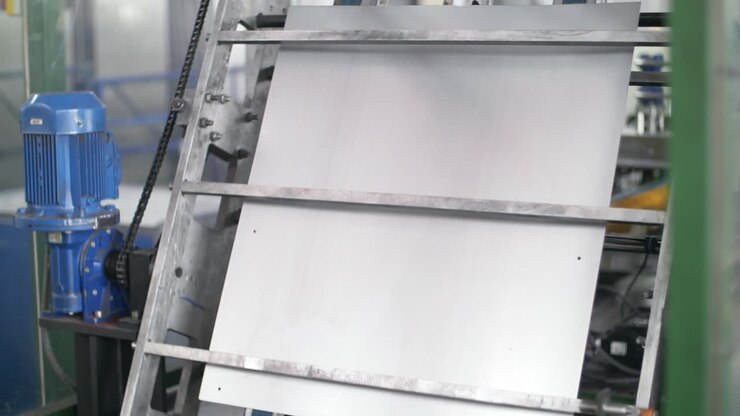 Metal sheet processing on industrial machine at factory. Production metal detail