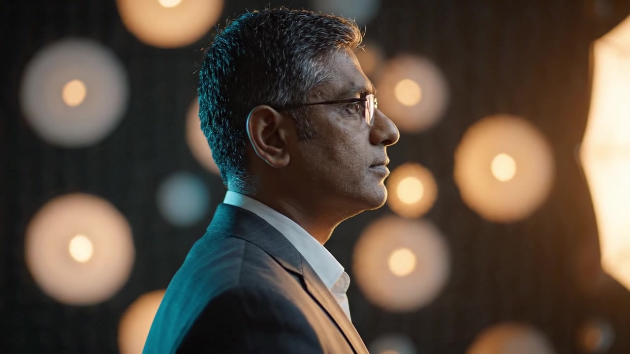 Profile of a Thoughtful Individual in a Dimly Lit Setting Surrounded by Softly Glowing Circles, Highlighting Introspection and Quiet Reflection.