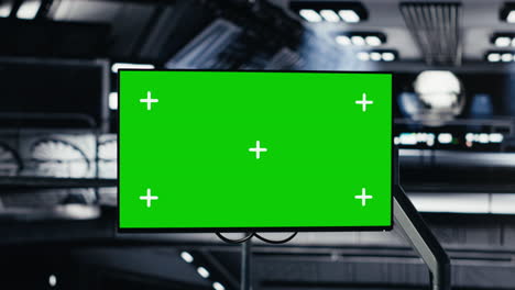 chroma key monitor in space station surrounded by high tech equipment