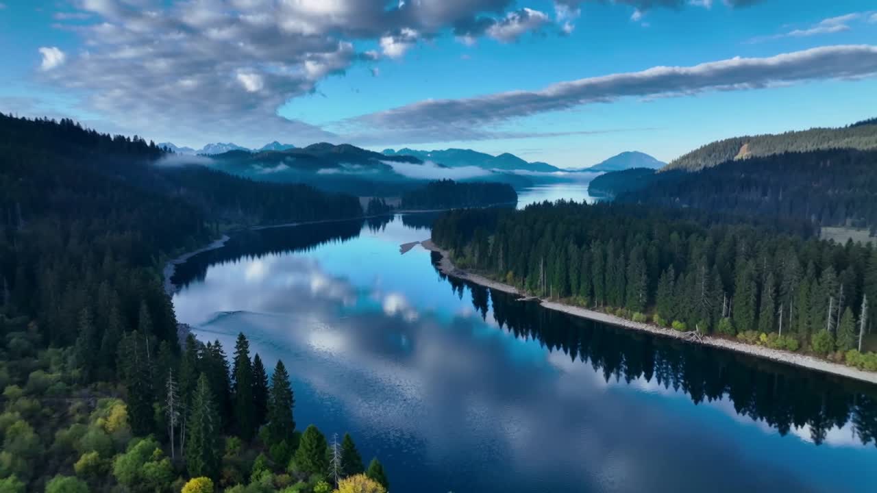 Telecamera aerea che scorre dall'alto lungo un fiume serpeggiante in una valle di pini, mostrando le nuvole riflesse sull'acqua