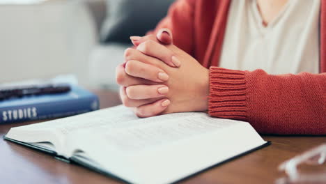 Woman-hands,-bible-book-and-prayer-in-home