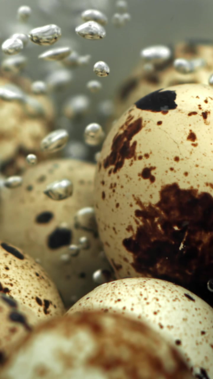 Macro Shot of Quail Eggs Boiling with Rising Bubbles