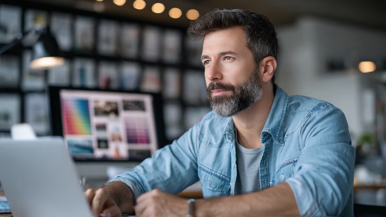 En tænksom mand fordybet i sit arbejde ved sit skrivebord, omgivet af kreative ressourcer og engageret i et intenst fokus på sin laptop i et moderne arbejdsområde