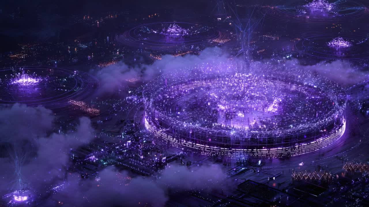 Magnificent aerial view of a futuristic metropolis at night. With glowing purple lights representing digital data streams. Advanced technology. And a powerful. Clean energy source in the central hub
