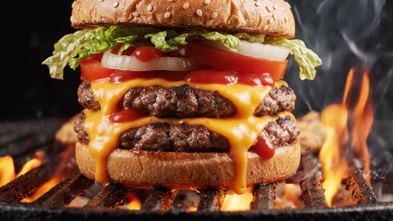 En lækker dobbelt cheeseburger med smeltet ost, friske grøntsager og saftige bøffer, perfekt grillet over flammer for en mundvandsløbende oplevelse