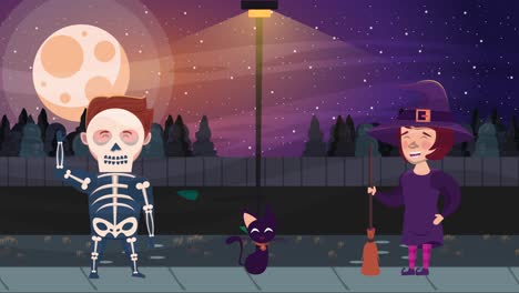 feliz escena animada de halloween con la bruja y el esqueleto