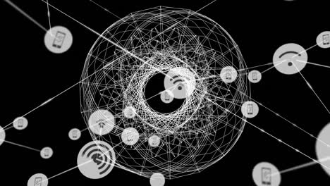 animation of network of connections with icons over spinning scopes