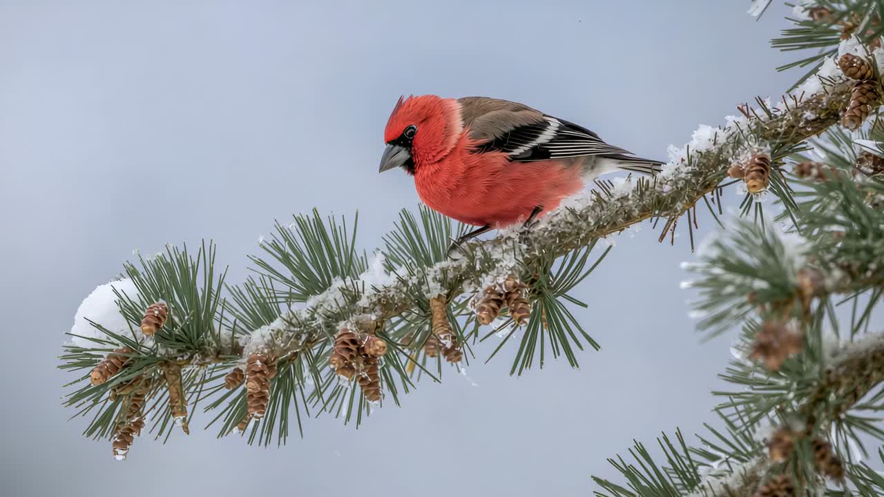 Surveying then spotting cones, songbird leaning and pecking cones on frosty branch for seeds