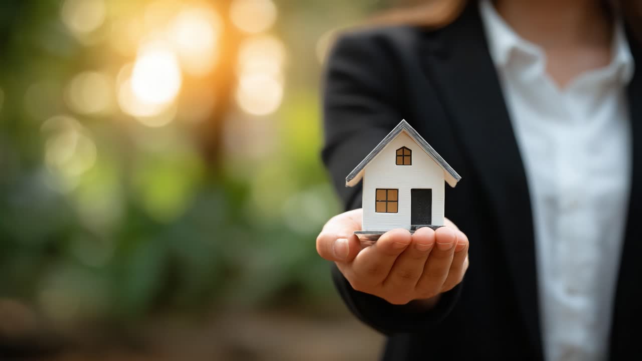 Rappresentazione di proprietà: Un individuo sicuro di sé tiene una casa modello nella mano tesa su uno sfondo naturale, simboleggiando il settore immobiliare e gli investimenti per la casa.