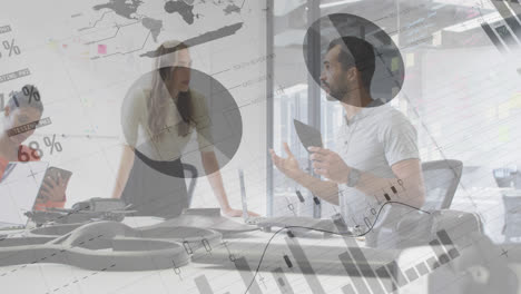 animation of statistical data processing against biracial man discussing with colleagues at office