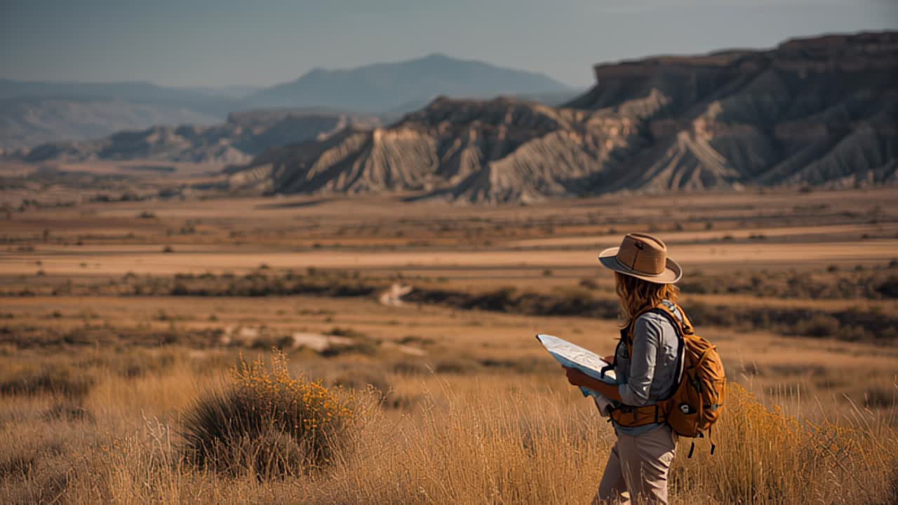 Young woman backpacker in hat reading a map while hiking through a vast desert valley at sunrise, with dry grass in the foreground and layered mountains in the distance