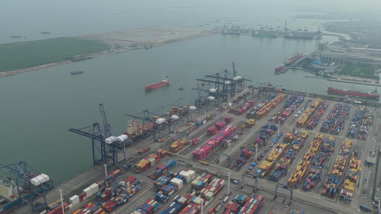 Overhead view of cargo container yard and logistics hub in Jakarta