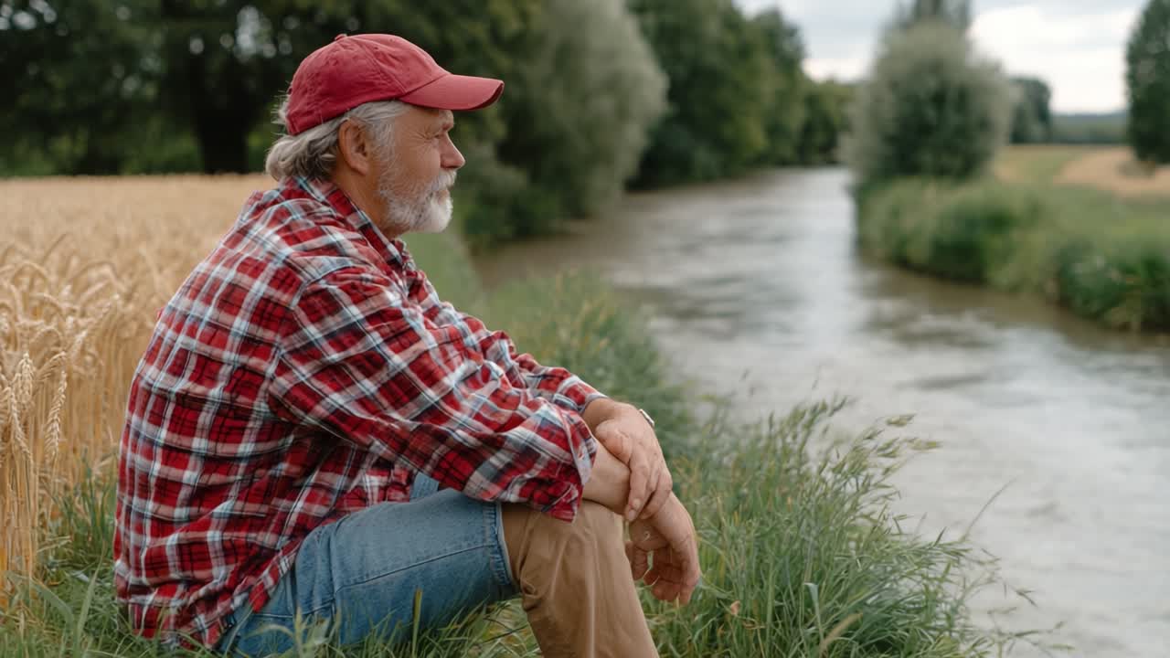 Reflective Moments by the Riverbank: A Man in Casual Attire Enjoys the Peaceful Scenery Amidst Nature's Beauty, Capturing a Sense of Tranquility and Contentment