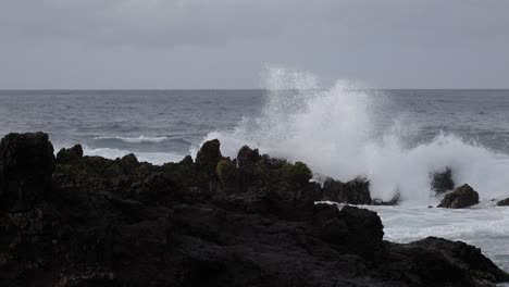 scenic landscape of raging ocean waves crashing on rocks, slowmotion