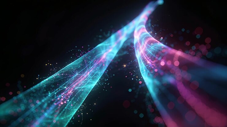 Starting play, glowing cyan and magenta ribbons rising to center, creating mesh bokeh sparks