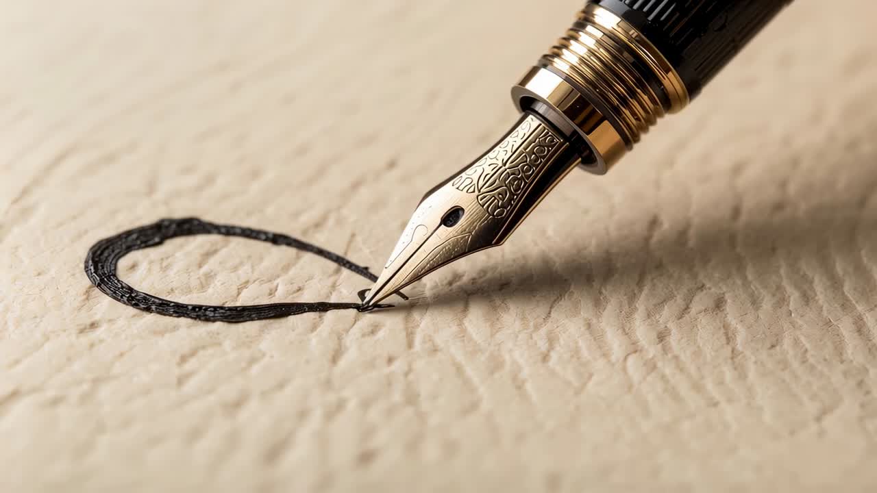Partendo da un anello, una penna stilografica dorata collega l'anello a una sottile linea di inchiostro nero su carta color crema