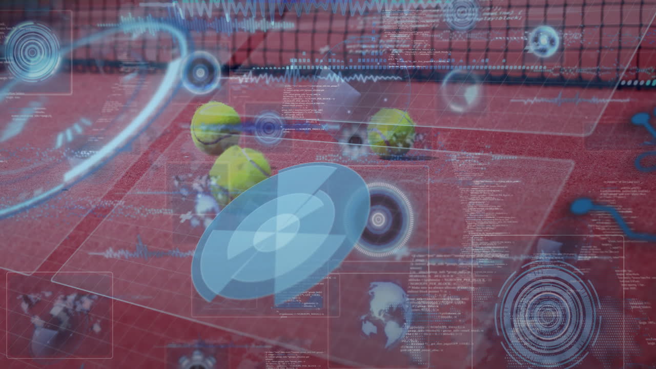 Tennis court with digital data and technology animation overlaying scene