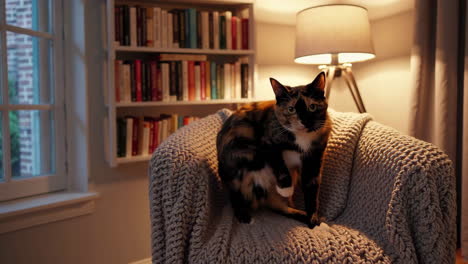 calico cat in a cozy living room