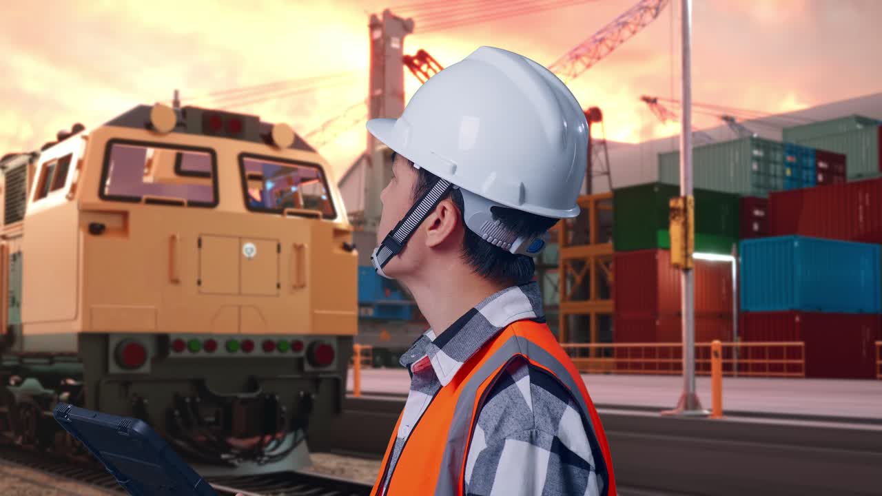 Engineer at a Port with Train and Containers