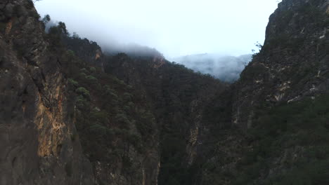 Drone-Aéreo-Volando-Cerca-De-La-Cima-De-Un-Enorme-Cañón-Sobre-Un-Desfiladero-Cubierto-De-Espesa-Tierra-De-Arbustos-En-Una-Mañana-Nublada-En-El-Parque-Nacional-Bungonia-Nsw-Australia