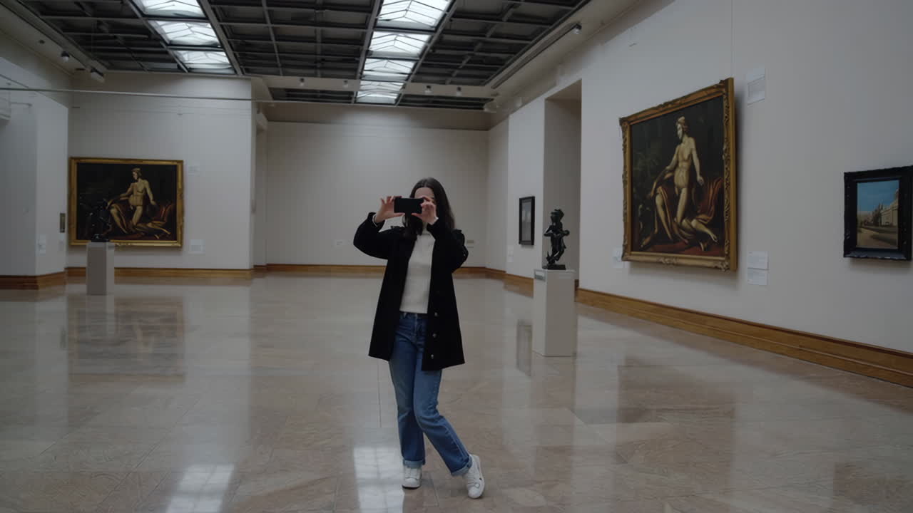 Woman taking photos in an art gallery
