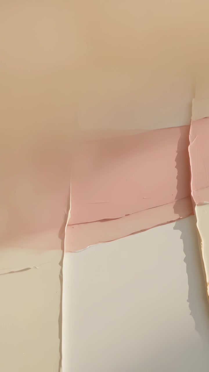 Vertical video: Shifting camera exposing peeling wallpaper on wall, showing beige pink off-white