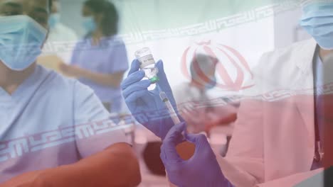 Animation-of-flag-of-iran-with-female-doctor-in-face-mask-preparing-covid-vaccination-for-patient