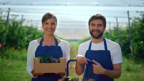 Fröhliche-Bauern,-Die-Im-Modernen-Gewächshaus-Eine-Kiste-Mit-Frischem-Bio-Obst-Halten.