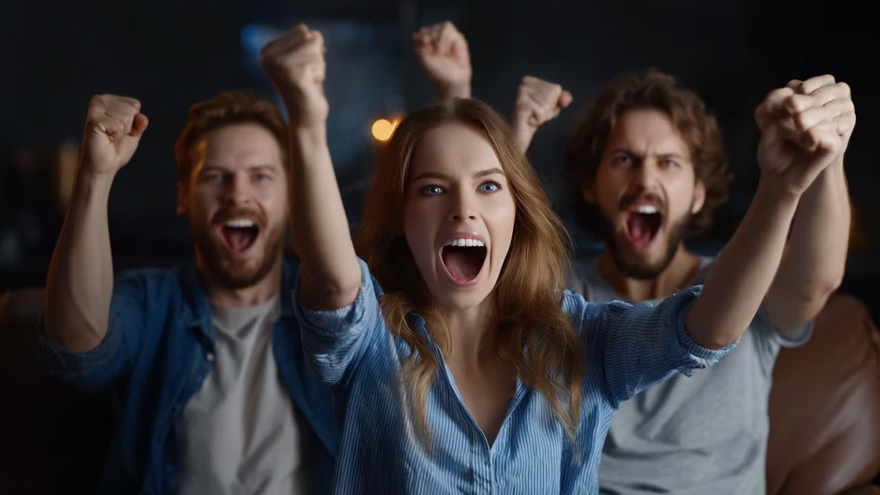 A Group of Friends Celebrating with Enthusiasm and Euphoria, Cheering Together in a Joyful Moment, Expressing Exuberance and Excitement for a Shared Experience