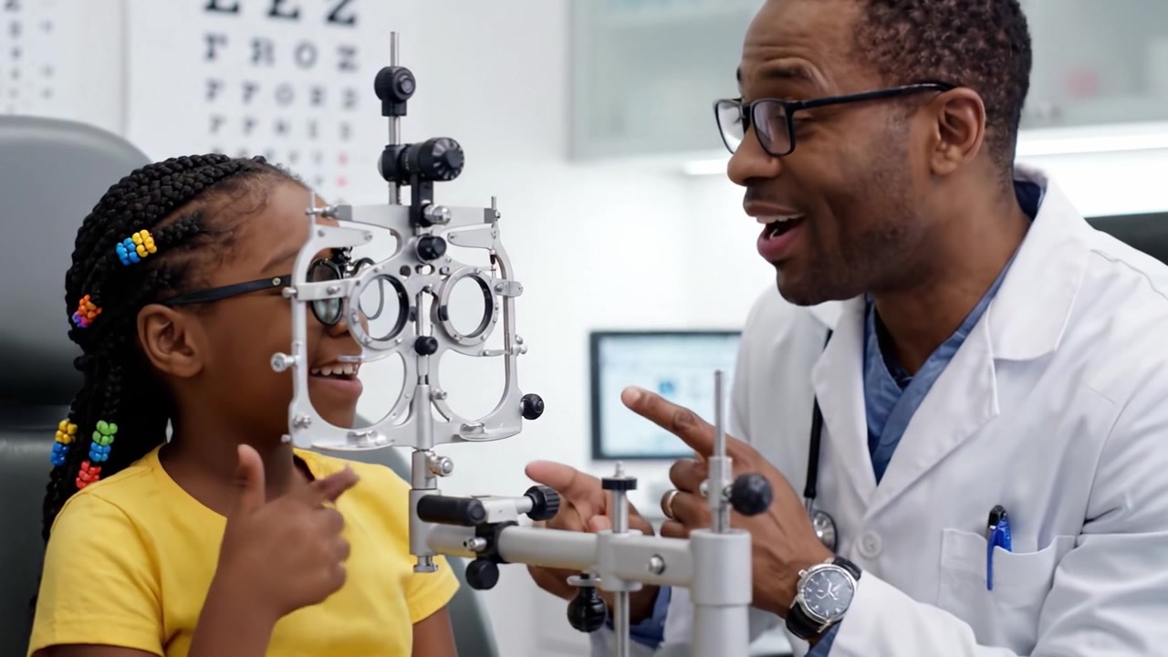 An Eye Examination in Progress: A Young Girl Undergoing Vision Testing with a Caring Doctor Using an Optical Device in a Modern Clinic Setting