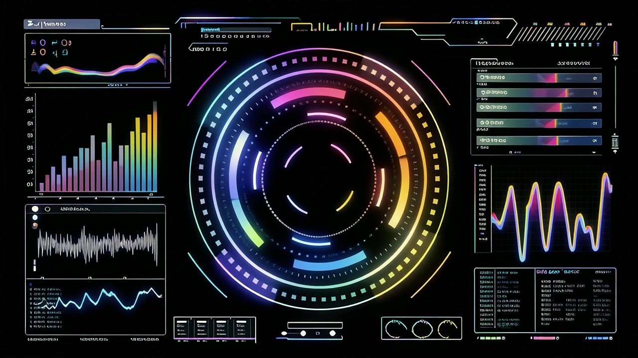 Futuristic Digital HUD Interface with Colorful Data Visualization