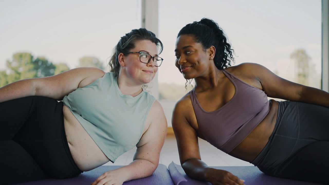 Et smilende par i træningstøj kigger mod kameraet på yogamåtter i et studie, gnubber hovederne sammen og viser ømhed.