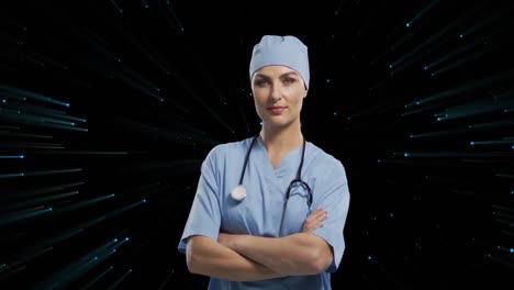 animación de una doctora caucásica sobre puntos de luz en un fondo negro