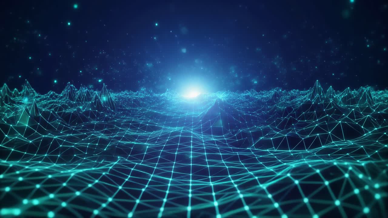 Dynamic Blue Green Digital Grid Landscape with Glowing Particles