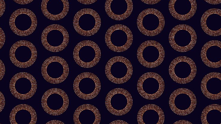 Symmetrical arrangement of green circles on a black background forms an intricate circular pattern, with some circles overlapping while others maintain spaced alignment