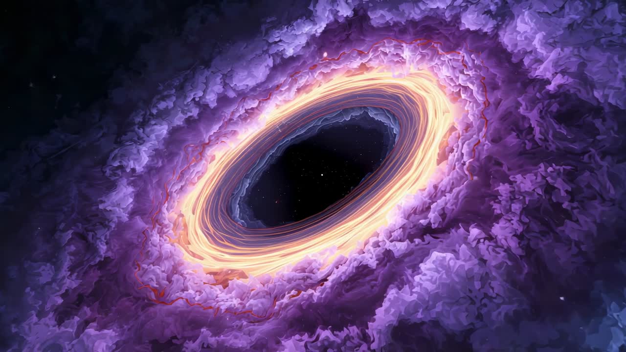 Gliding camera revealing disk around black hole event horizon in space, with swirling gas clouds