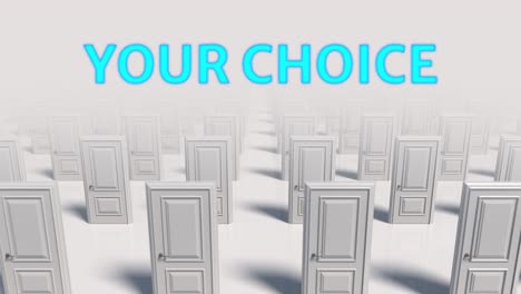 your choice. rows of white wooden closed doors. there are many ways to choose. choice, business and success concept. moving through a doors hall corridor. 3d animation loop, 4k