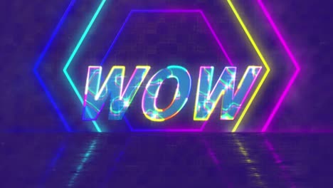 Animation-Von-Wow-Text-über-Neonmuster-Auf-Violettem-Hintergrund
