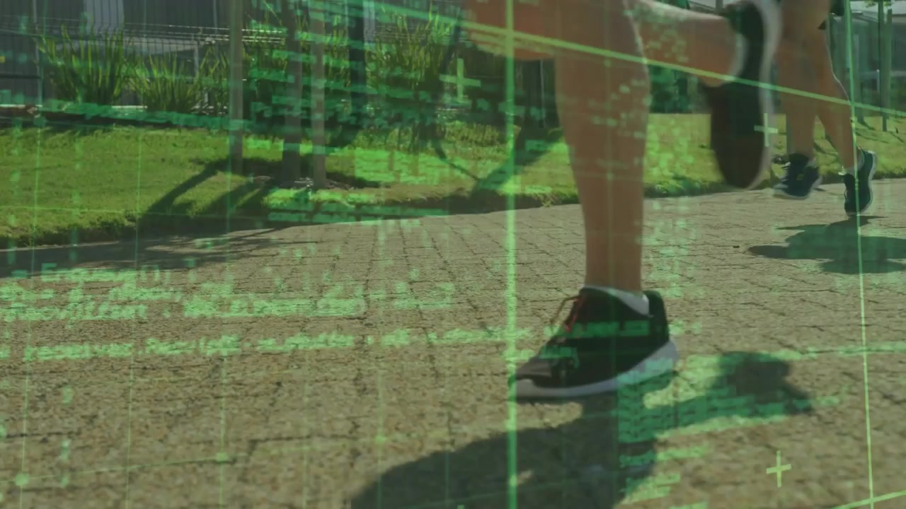 Group entering frame, camera tracking footfalls, green code overlay highlighting stride for fitness