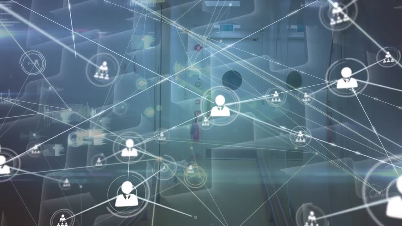 Animation af netværk af profilikoner og databehandling over abstrakte former på blå baggrund.