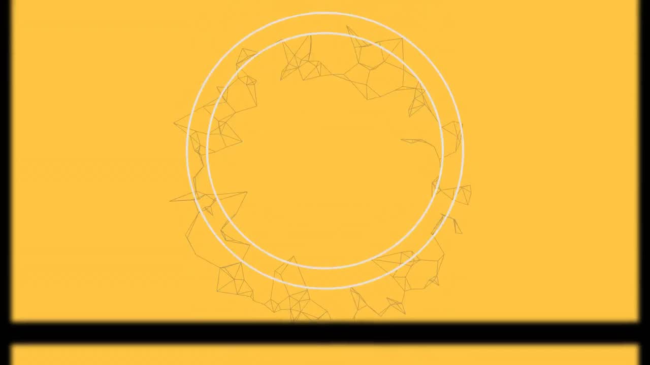 Animation of slipping frame with white circle and rotating network on yellow background