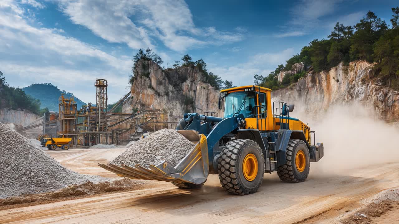 Heavy Machinery in Action: A Wheel Loader Transporting Gravel at a Construction Site Surrounded by Rugged Terrain and Industrial Equipment
