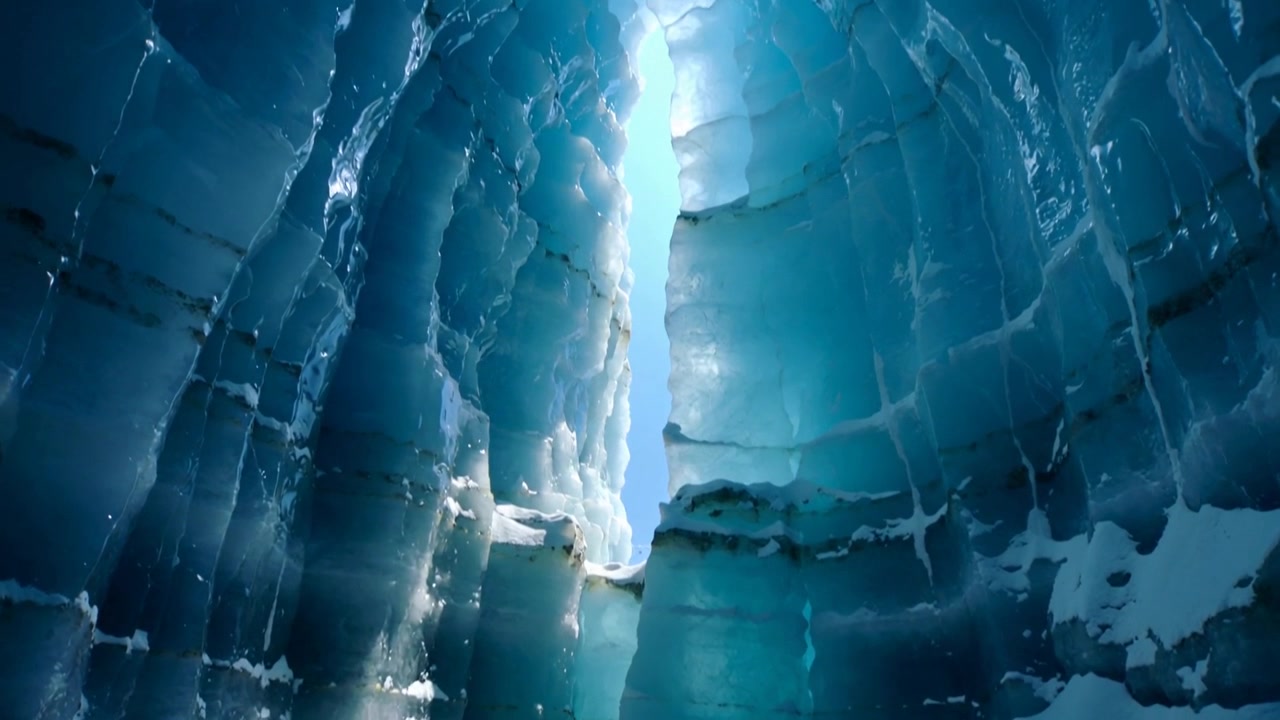 Tilting camera revealing narrow ice crevasse, showing vertical blue ice layers and slim sky shaft