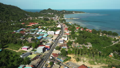 lamai beach and beautiful coastal township, aerial drone view