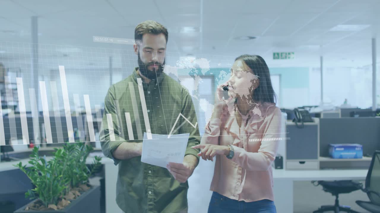 Colleagues walking with report drawing focus calling and pointing animating business graphs and map